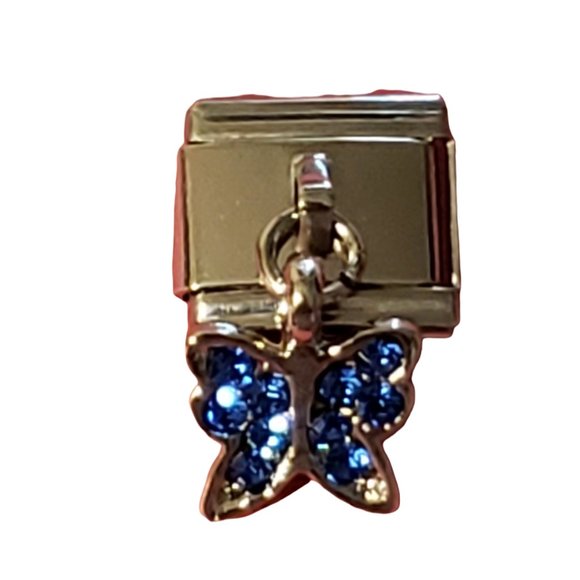 Blue Dangle Butterfly 9mm Italian Charm Bracelet link, Unisex - Picture 1 of 1